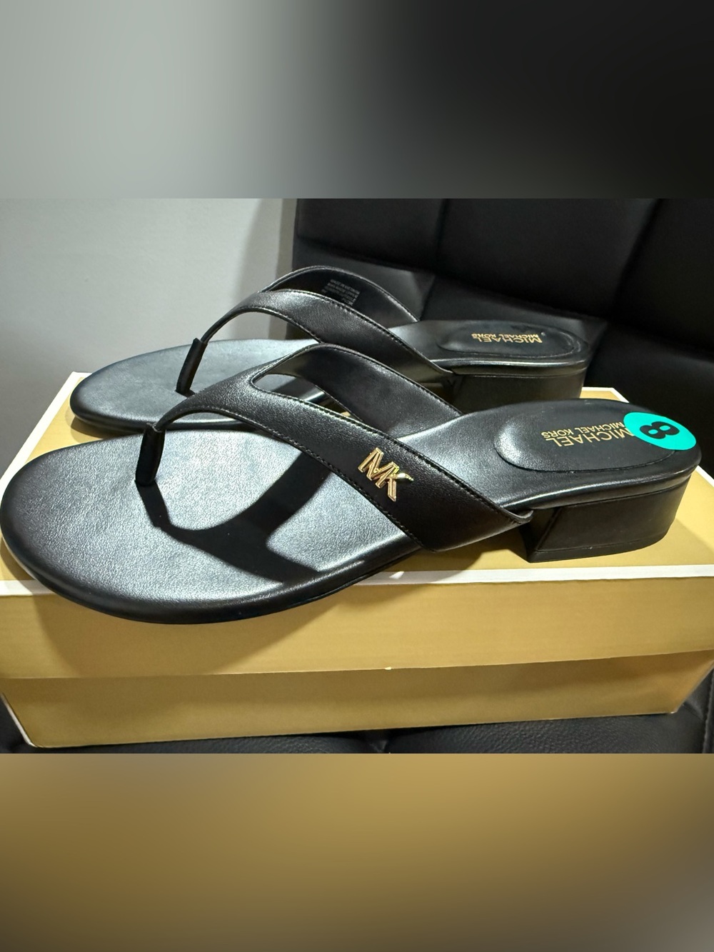 Michael Kors Black Sandal with Gold MK Accent Sz 8